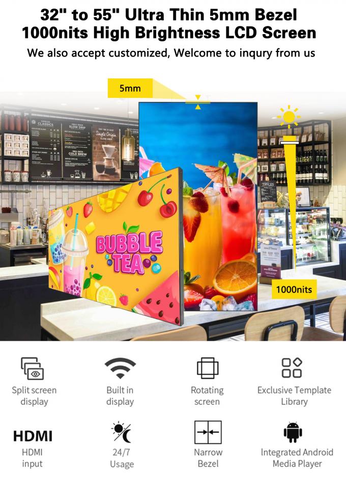 32~55インチ 超薄型 Wi-Fi ループ LCD ビデオウォール 1000nit ショッピングモール向けウェイファインディングデジタルサイネージスクリーンウォール 0